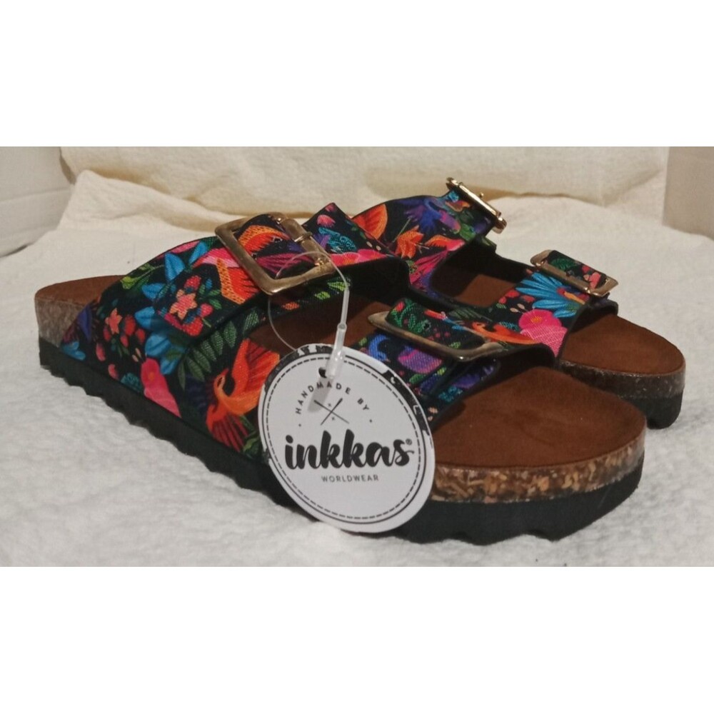 Inkkas Buckle Sandals Women's Size 7W Hand-Inked 100% Vegan Slip-On